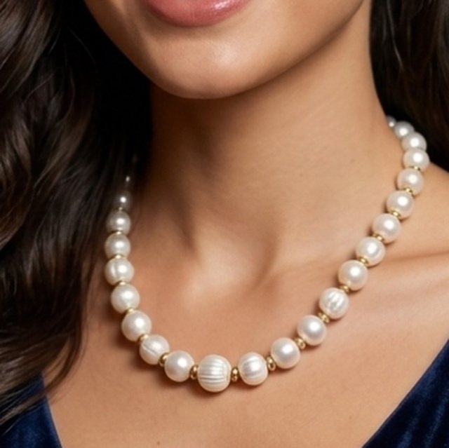 Graduated baroque pearl necklace worn at the collarbone
