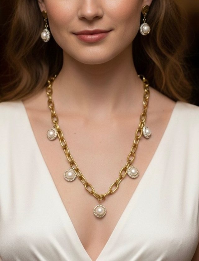 Gold chain necklace set with baroque pearls