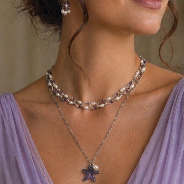 Grey pearl necklace with a lapis starfish pendant