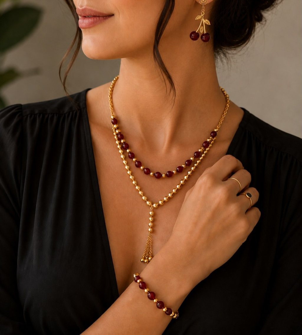 Garnet beaded necklace worn with black