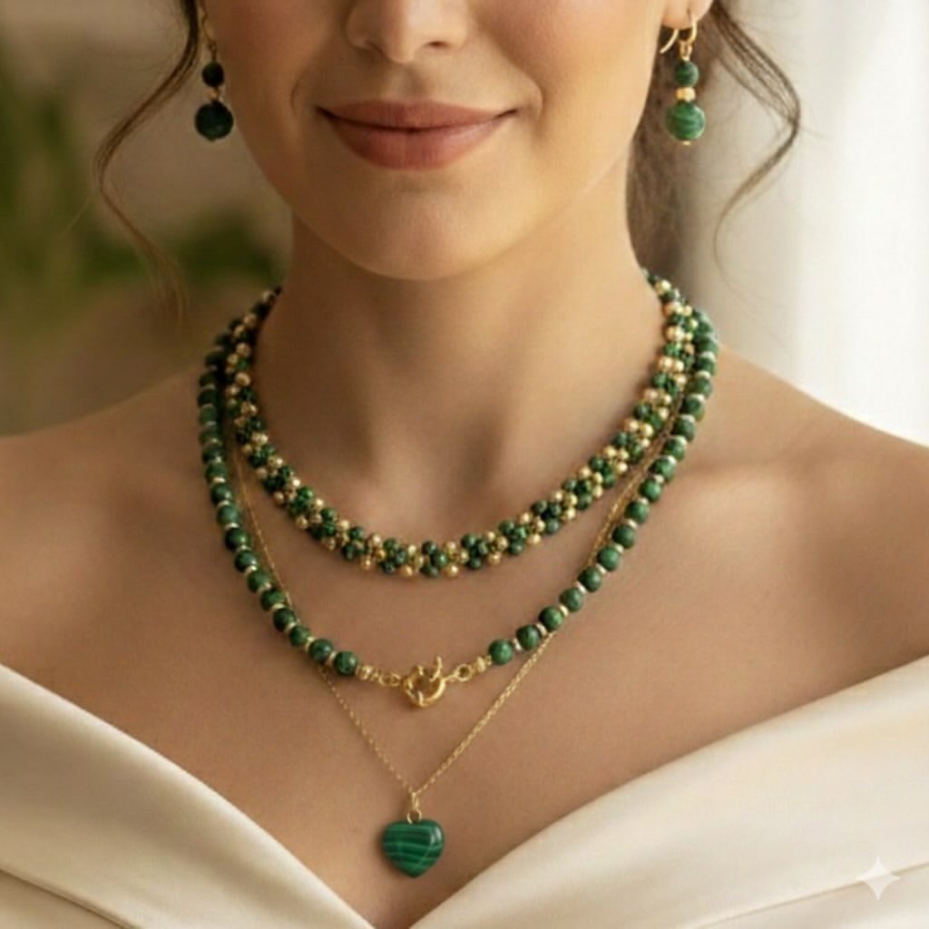 Double-strand malachite necklace with a round pendant