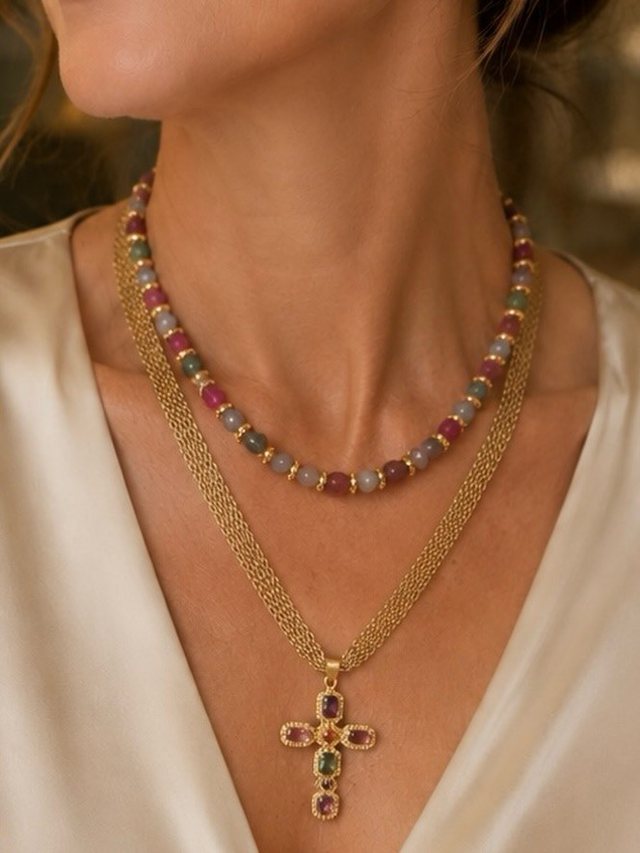 Multicoloured beaded rosary necklace with a gold cross